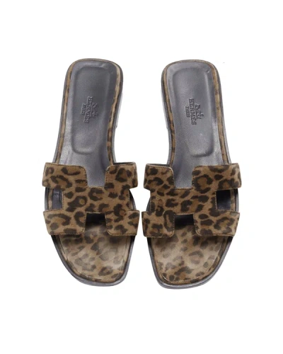Shop Hermes Oran H Logo Signature Brown Leopard Print Leather Sandals