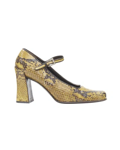 Shop Prada Vintage  Yellow Scaled Leather Square Toe Chunky Heel Mary Jane Heel