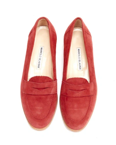 Shop Manolo Blahnik Red Suede Leather Classic Penny Loafer