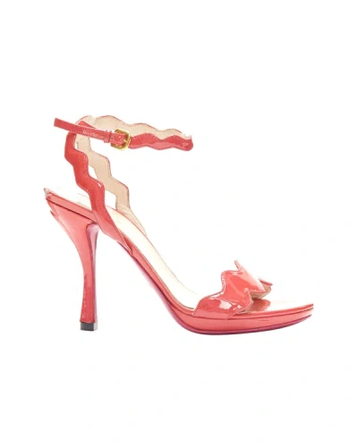Shop Prada Rose Pink Patent Leather Squiggly Strap Sandal Heels