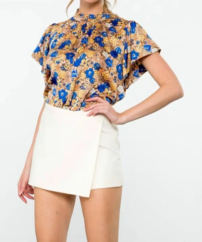 Shop Thml Floral Print Flutter Sleeve Blouse In Royal Blue/gold In Multi