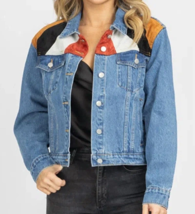 Shop Le Lis Suede Patch Relaxed Denim Jacket In Blue