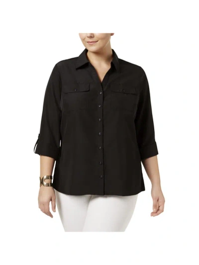Shop Ny Collection Plus Womens Collared Office Wear Button-down Top In Black