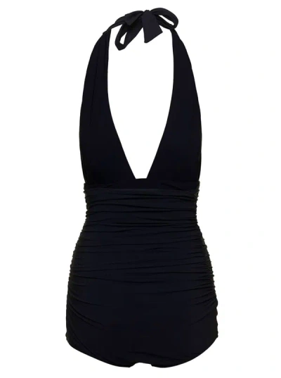 Shop Dolce & Gabbana Black Gathered One-piece Swimsuit With Logo Patch In Stretch Polyamide Woman