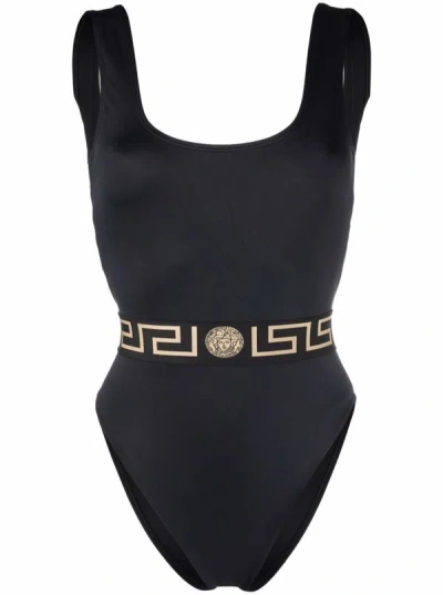 Shop Versace Black Lycra Swimsuit With Greek Detail