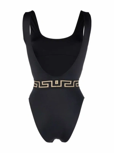 Shop Versace Black Lycra Swimsuit With Greek Detail