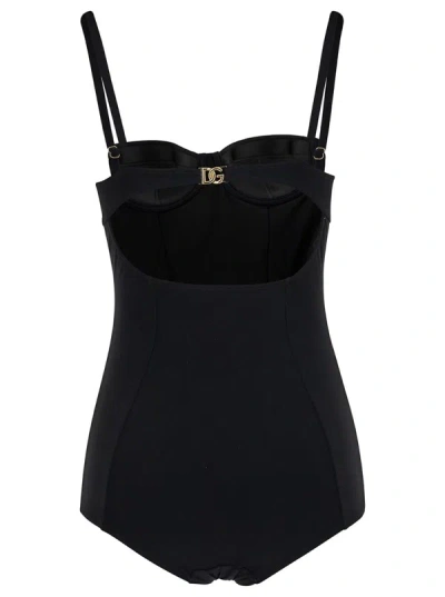 Shop Dolce & Gabbana Black One-piece Swimsuit With Dg Logo Detail In Stretch Polyamide Woman