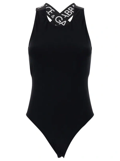 Shop Dolce & Gabbana Black Swimsuit With Branded Criss-cross Straps In Stretch Polyamide Woman