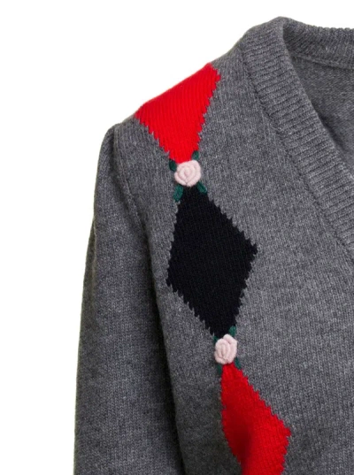 Shop Alessandra Rich Grey Cardigan With 'diamond' Motif And Embroidered Rose Detail In Wool Woman