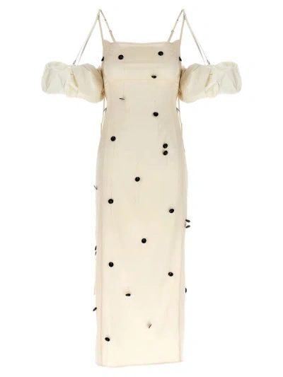 Jacquemus Beloved Off-shoulder Midi Dress With Button Embellishments In White/black