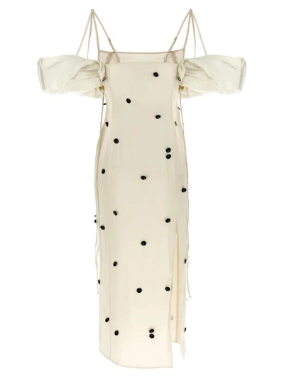 Jacquemus Beloved Off-shoulder Midi Dress With Button Embellishments In White/black