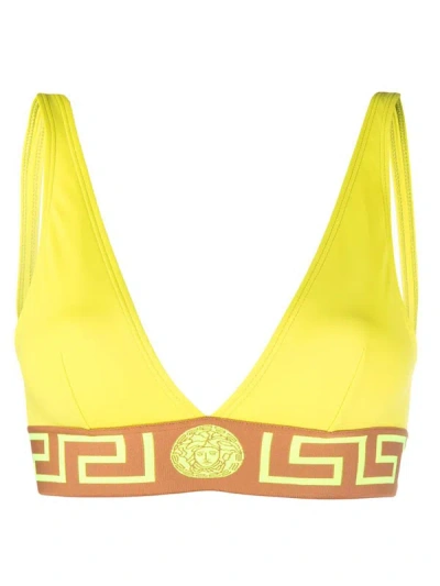 Shop Versace Greca Bikini Top In Yellow & Orange