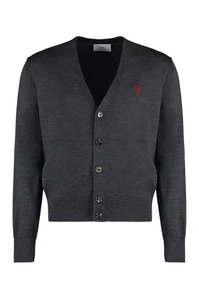Shop Ami Alexandre Mattiussi Ami Paris Merino Wool Cardigan In Grey