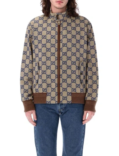 Shop Gucci Maxi Gg Canvas Zip Jacket In Biege Blue Mix