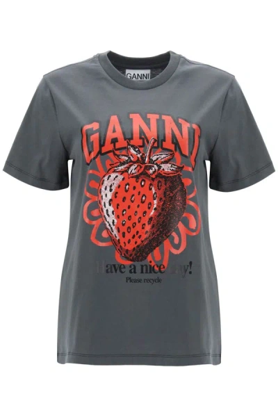 Shop Ganni T-shirt With Graphic Print In Grey