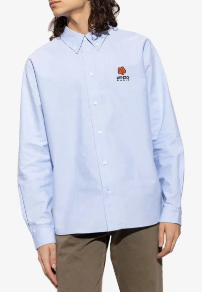 Shop Kenzo Boke Flower Embroidered Button-down Shirt In Light Blue