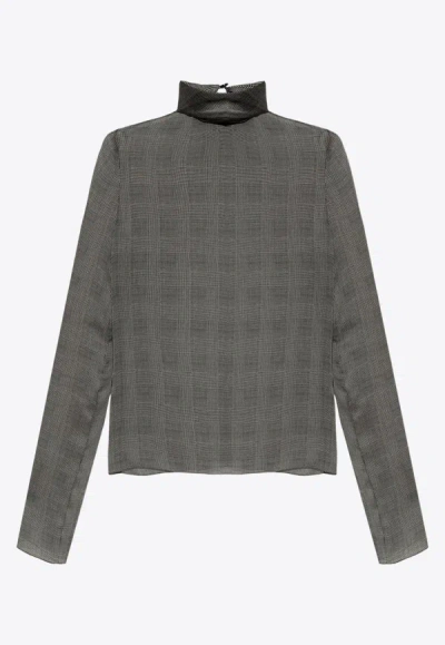 Shop Saint Laurent Checked Turtleneck Silk Blouse In Gray