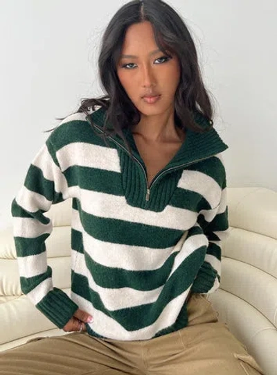 Shop Princess Polly Lower Impact Neena Quarter Zip Sweater In Green / Cream