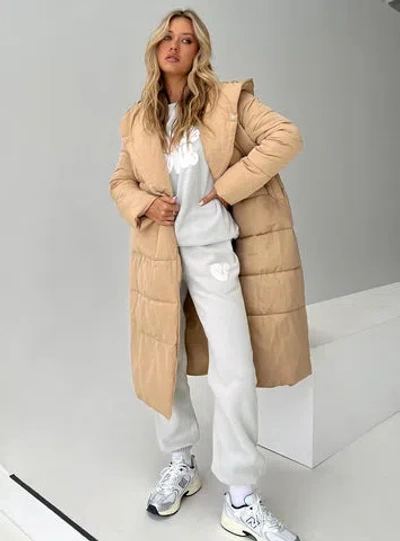 Shop Princess Polly Lower Impact Philo Longline Hooded Puffer Jacket In Beige