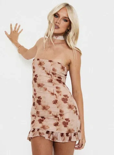 Shop Princess Polly Lower Impact Stockton Strapless Mini Dress In Beige Floral