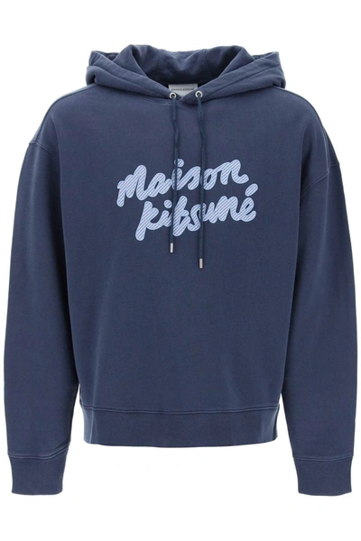 Shop Maison Kitsuné Maison Kitsune Hooded Sweatshirt With Embroidered Logo In Blue