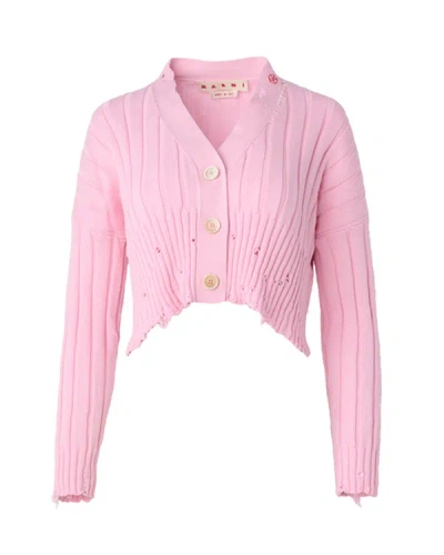 Shop Marni Dishevelled Rib Cotton Cardigan In Pink
