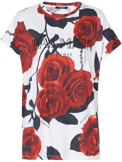 Shop Balmain Rose Print T-shirt In Bianco E Rosso
