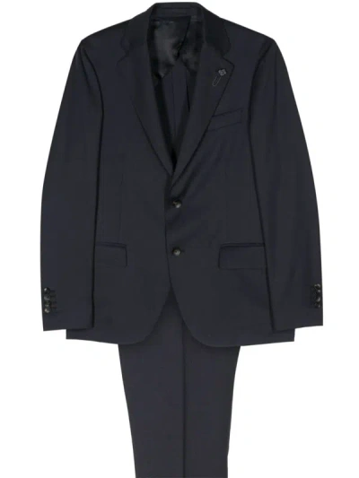 Shop Lardini Brooch Detail Suit In Blue