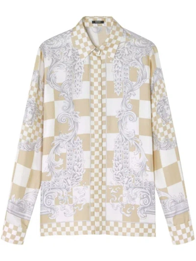 Shop Versace Checkerboard Print Shirt In Beige