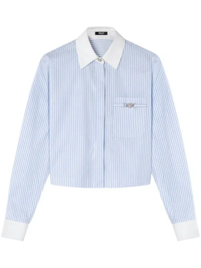 Shop Versace Striped Shirt In Celeste E Bianco