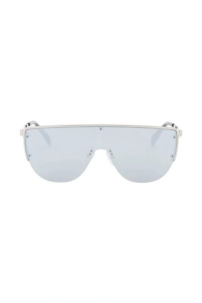 Shop Alexander Mcqueen Sunglasses With Mirrored Lenses And Mask-style Frame Women In Silver