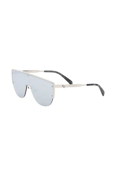 Shop Alexander Mcqueen Sunglasses With Mirrored Lenses And Mask-style Frame Women In Silver