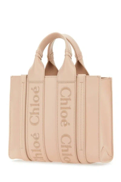 Shop Chloé Chloe Woman Pastel Pink Leather Small Woody Shopping Bag