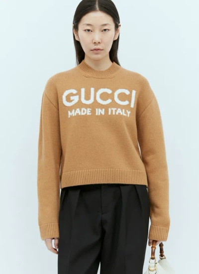 Shop Gucci Women Logo Intarsia Wool Knit Sweater In Brown