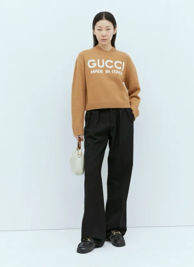 Shop Gucci Women Logo Intarsia Wool Knit Sweater In Brown