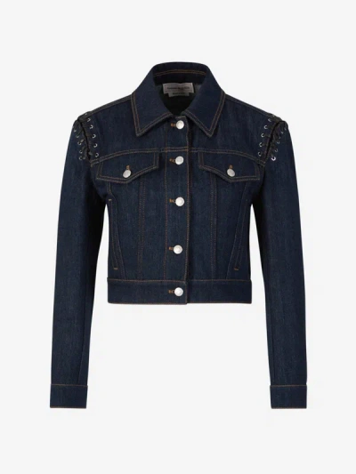 Shop Alexander Mcqueen Cropped Denim Jacket In Eyelet And Lace Detail