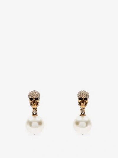 Shop Alexander Mcqueen Golden Skull Earrings In A Swarovski In The Shape Of A White Pearl