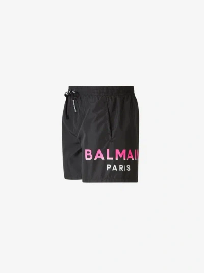 Shop Balmain Logo Boxer Swimsuit In Negre