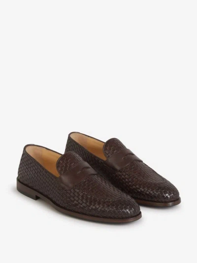 Shop Brunello Cucinelli Leather Intrecciato Loafers In Marró Fosc