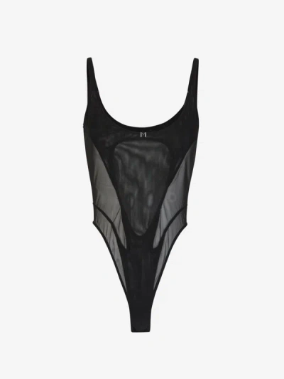 Shop Mugler Semitransparent Corset Bodysuit In Negre