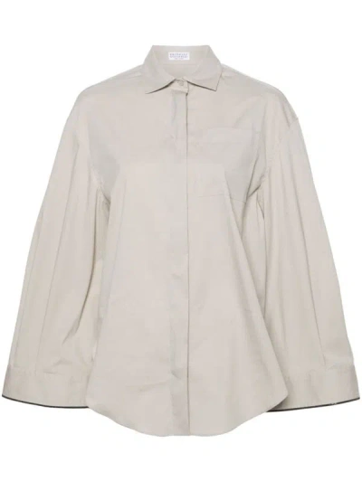 Shop Brunello Cucinelli Shiny Cuff Detail Cotton Shirt In Beige
