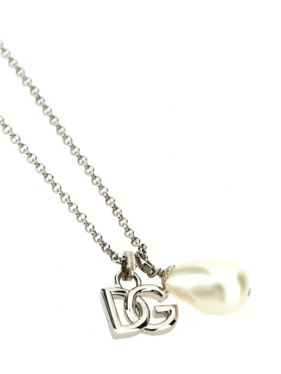 Shop Dolce & Gabbana Logo Drop Necklace In Silver