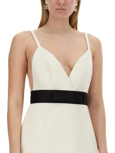 Shop Dolce & Gabbana Short Dress With Shoulder Straps And Satin Belt In White
