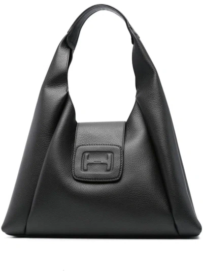 Shop Hogan H-bag Hobo Medium Leather Shoulder Bag In Black