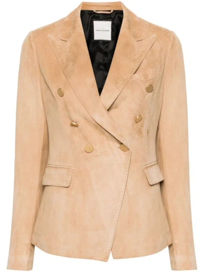 Shop Tagliatore Leather Double-breasted Jacket In Beige