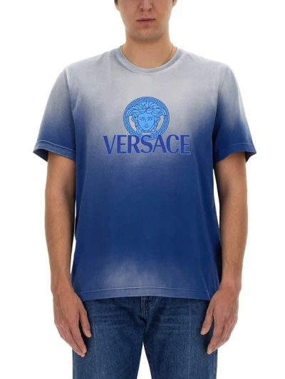 Shop Versace T-shirt With Logo In Blue