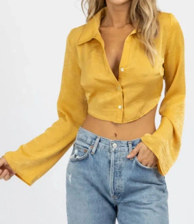 Shop Le Lis Satin Open Back Collared Crop In Mustard In Yellow