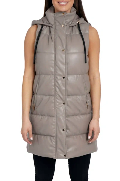 Shop Love Token Cali Long Puffer Vest In Taupe In Grey