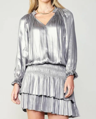 Shop Current Air Pleated Long Sleeve Mini Dress In Silver