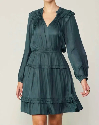 Shop Current Air Long Sleeve Split Neck Tiered Mini Dress In Forest Green
